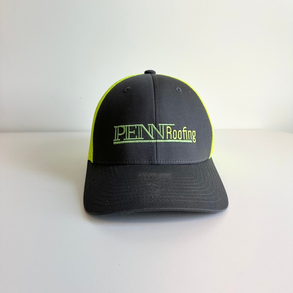 Richardson 110 Flexfit Penn Roofing Trucker Hat Mesh Back Grey Neon Yellow LG-XL